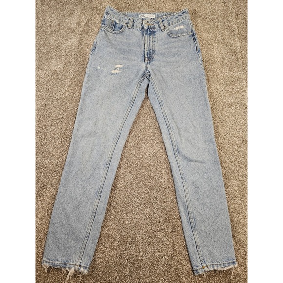 Zara Denim - Zara Denim Light Wash Distressed High Rise Straight Leg Jeans